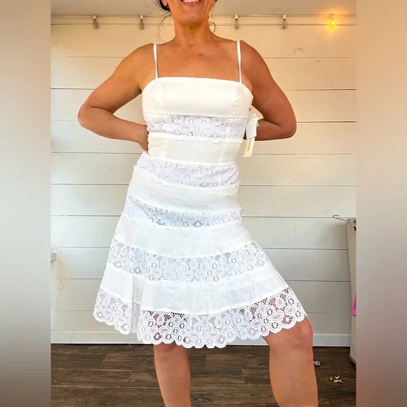 Maggy London | Dresses | Maggy London Womens White Tiered Lace Linen Dress  Lined Size 6 Nwt | Poshmark